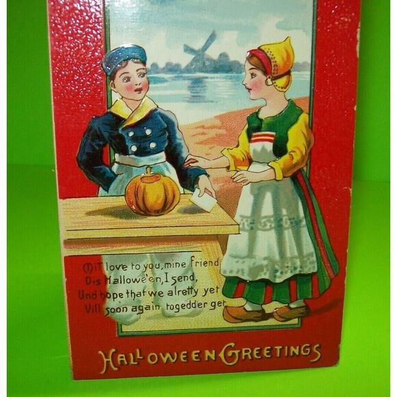 Halloween Greetings Postcard Dutch Windmill Bats Embossed Portland 1910 Gel Coat - Picture 4 of 6